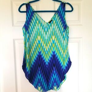 Worthington Blue & Green Geometric Asymmetrical Sleeveless Tank Top, Size S